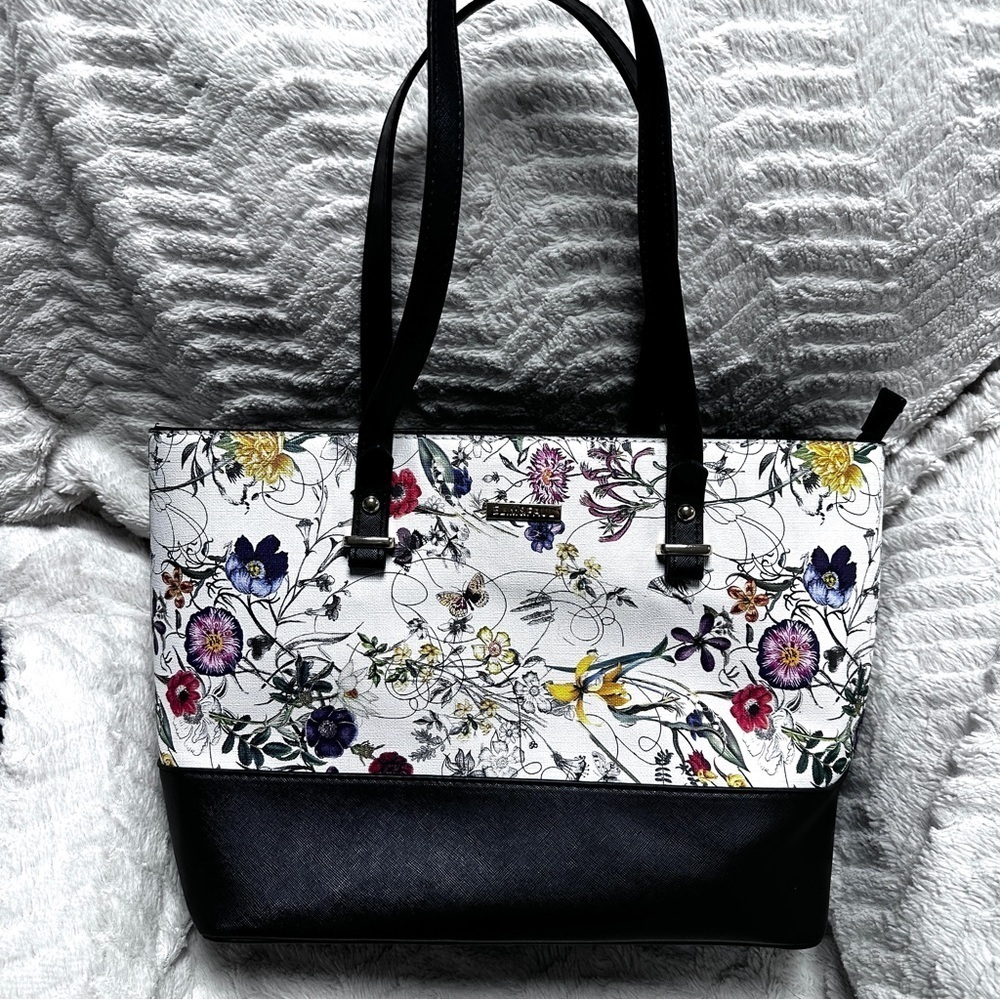 Elim & Paul vegan super cute floral and black tote bag purse LIKE NEW!